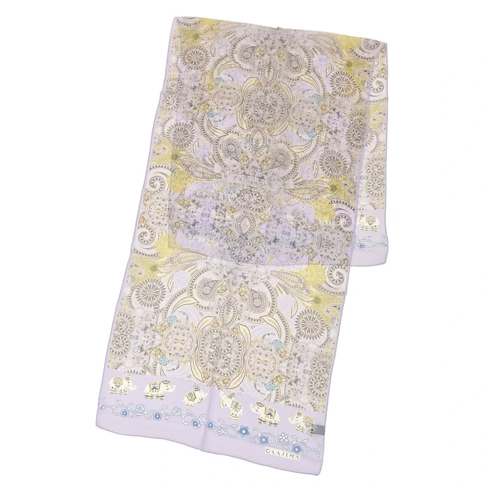 Okajima 100% Silk Scarf Wrap Lavender Elephant Paisley Floral Japanese Boho Chic